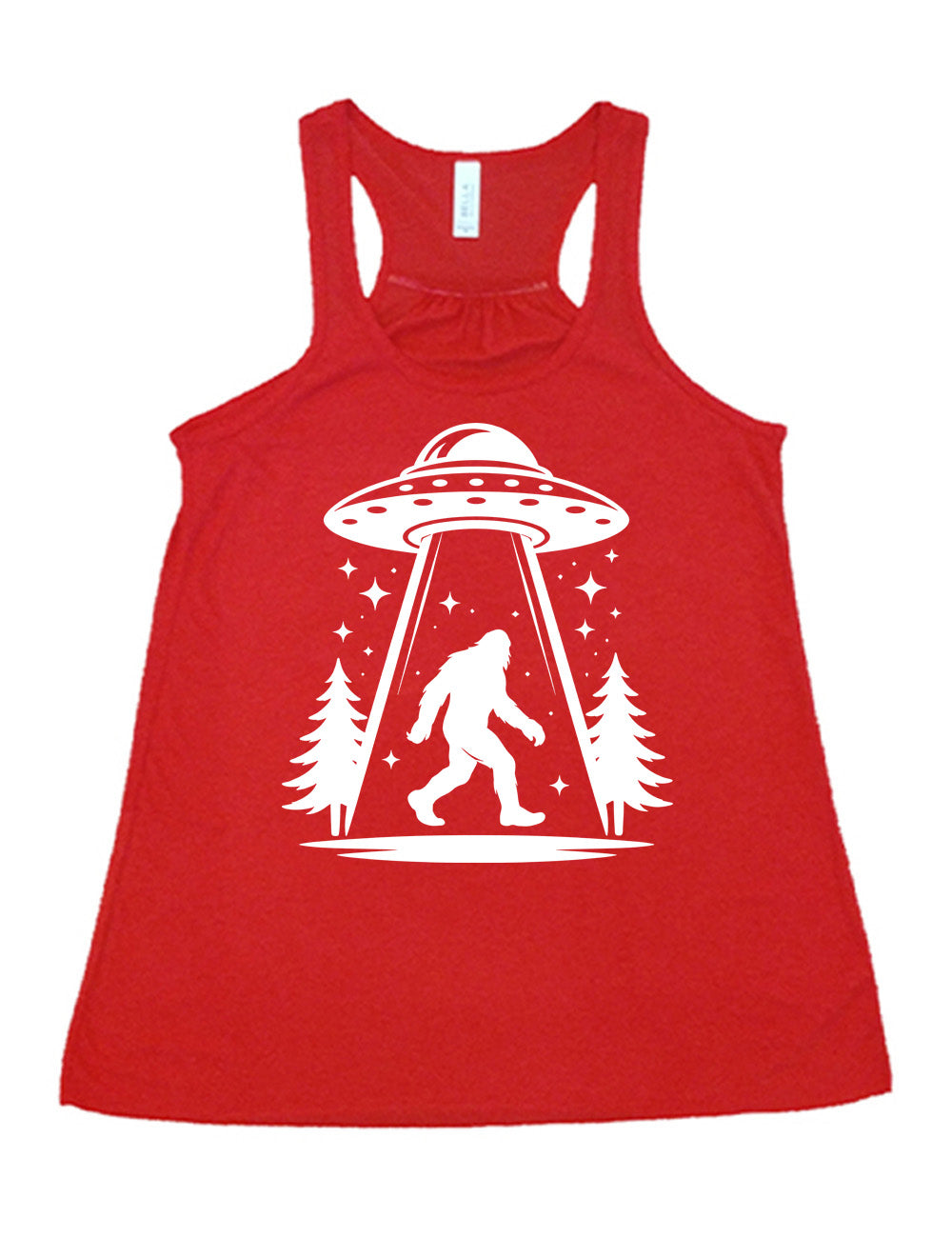 red flowy racerback tank with the graphic of an alien spaceship beaming bigfoot up, with stars surrounding, and couple pine trees