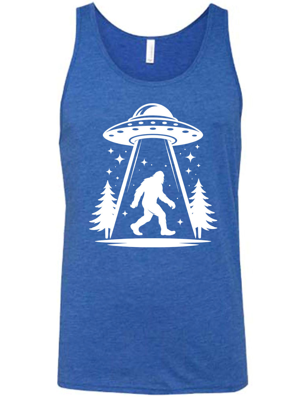 blue unisex tank with the graphic of an alien spaceship beaming bigfoot up, with stars surrounding, and couple pine trees