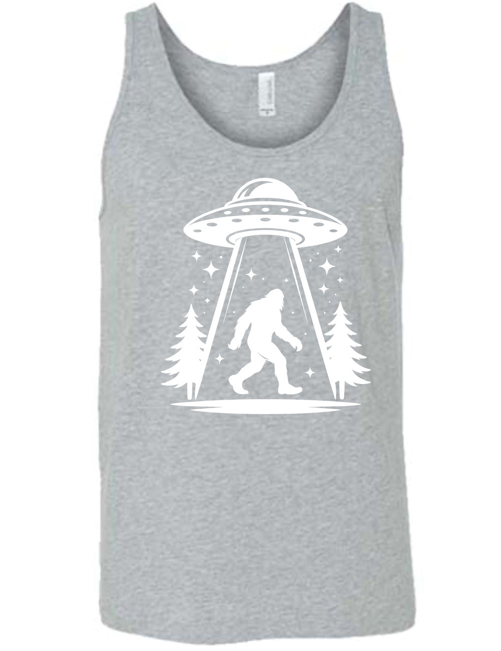 grey unisex tank with the graphic of an alien spaceship beaming bigfoot up, with stars surrounding, and couple pine trees