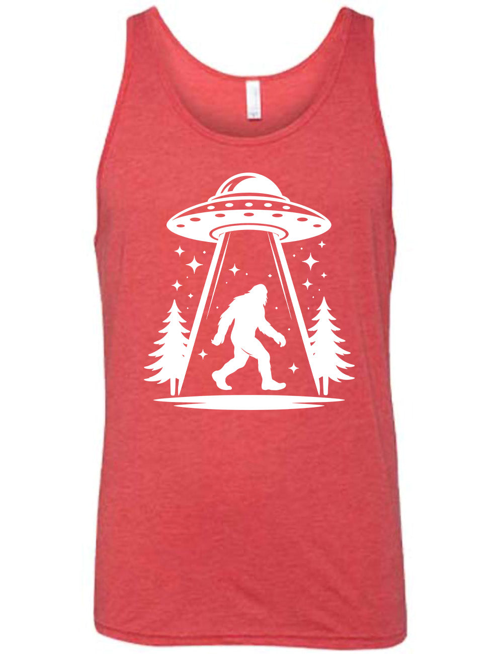 red unisex tank with the graphic of an alien spaceship beaming bigfoot up, with stars surrounding, and couple pine trees