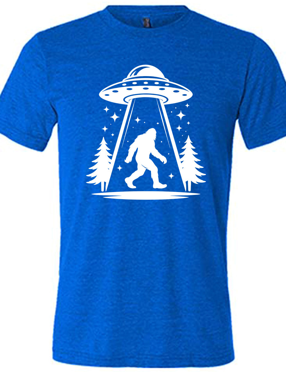 blue unisex tee with the graphic of an alien spaceship beaming bigfoot up, with stars surrounding, and couple pine trees