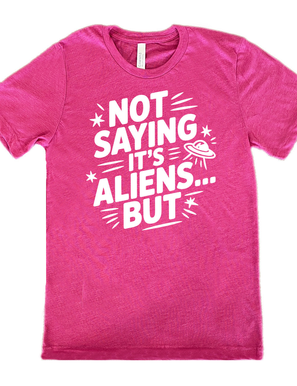 berry unisex tee with words, embellished by line graphics, saying "not saying it's aliens...but" with graphics of little stars and an alien spaceship