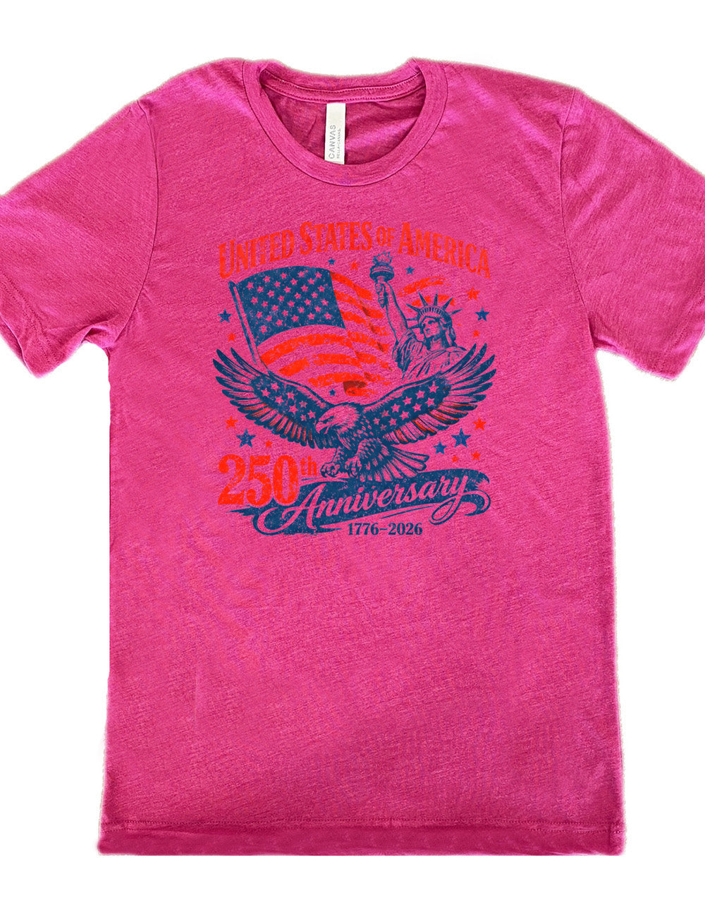 berry unisex tee with the graphic of the eagle, wings spread, the statue of liberty, and an American flag, and lots of little stars, and the words saying "United Stated of America 250th Anniversary 1776-2026"