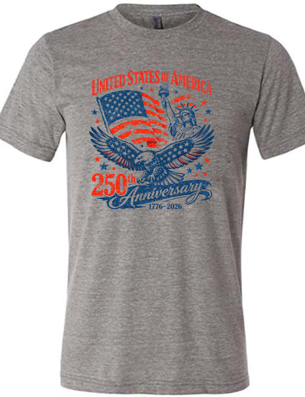 grey unisex tee with the graphic of the eagle, wings spread, the statue of liberty, and an American flag, and lots of little stars, and the words saying "United Stated of America 250th Anniversary 1776-2026"