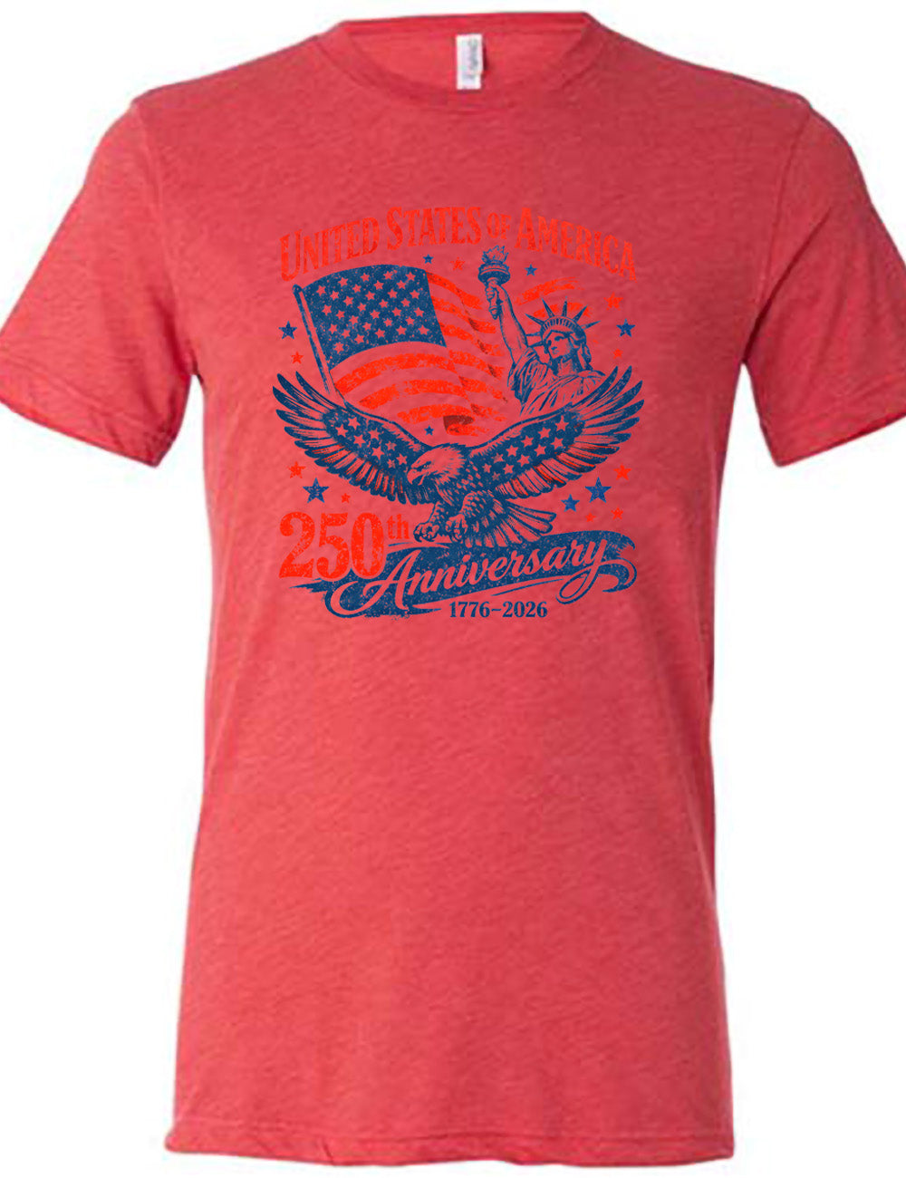 red unisex tee with the graphic of the eagle, wings spread, the statue of liberty, and an American flag, and lots of little stars, and the words saying "United Stated of America 250th Anniversary 1776-2026"