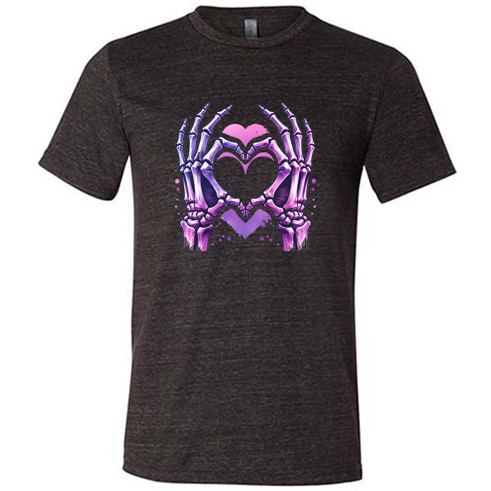 black shirt with a skeleton heart hand graphic on it