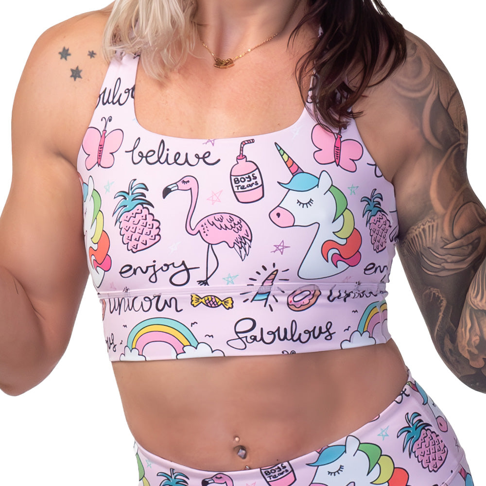 pink unicorn themed sports bra