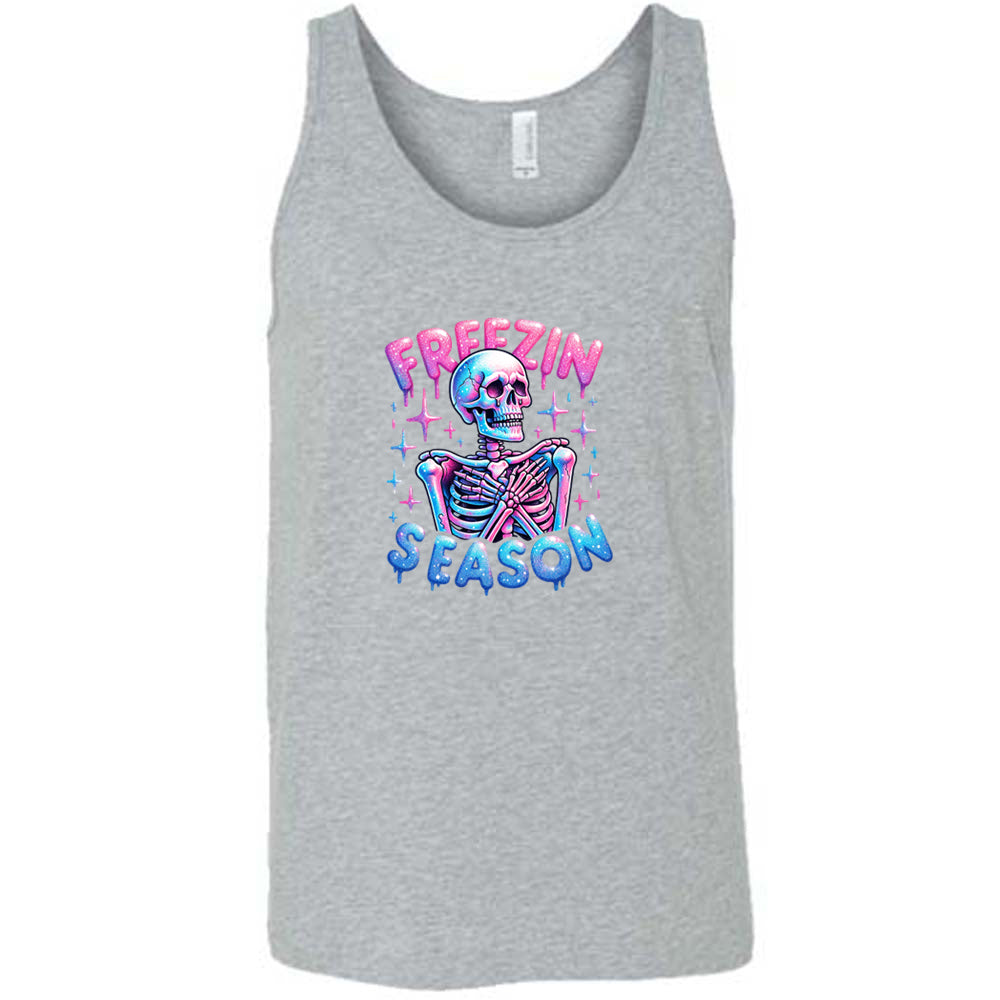 grey shirt with the text "freezin season" with a graphic of a skeleton on it