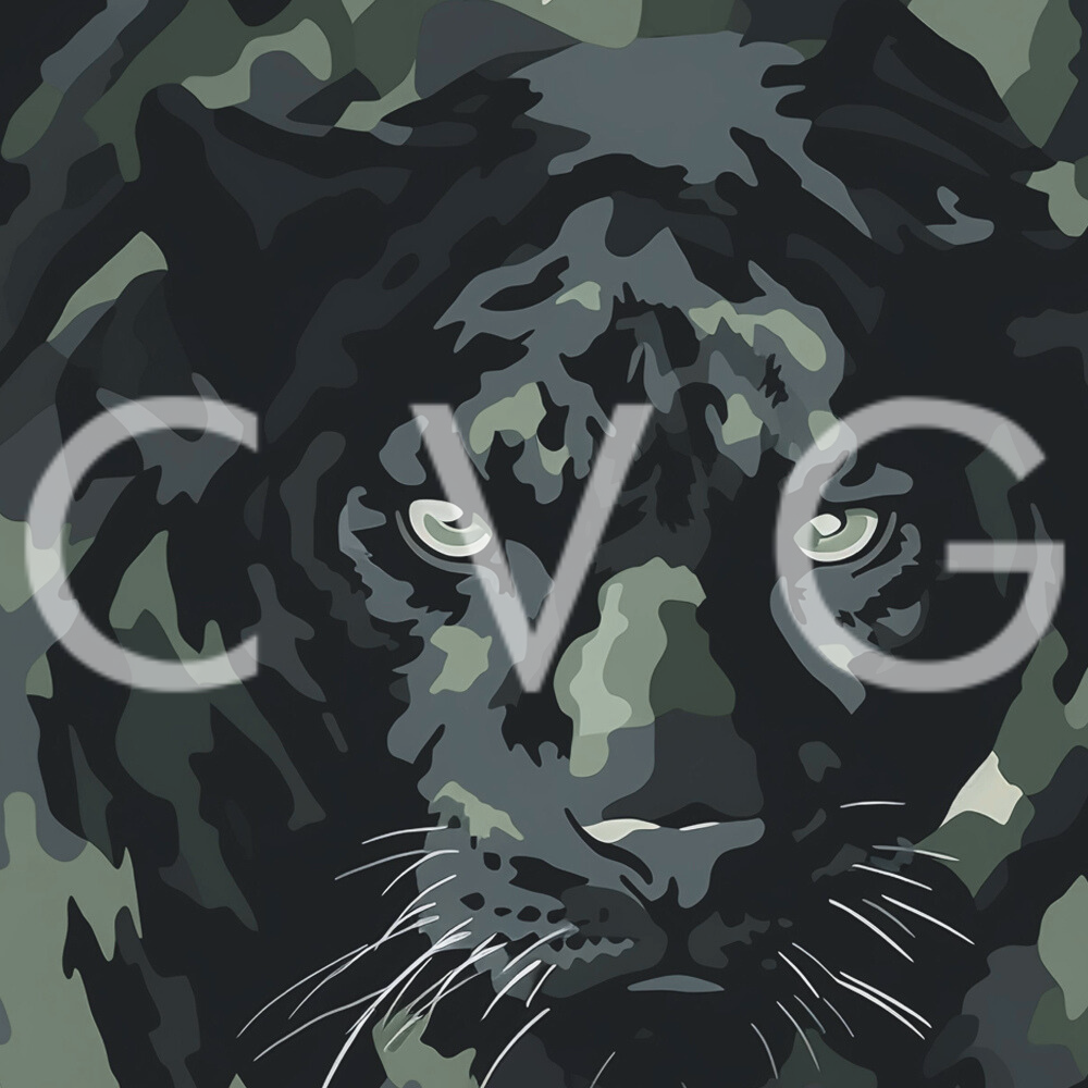 close up of the amush pattern, showing the detail of the tiger. With the CVG logo over the image.