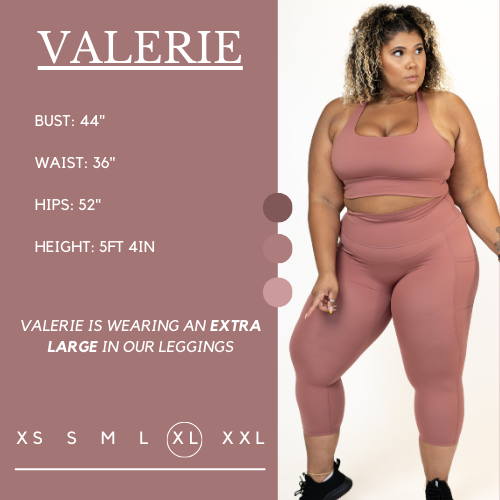 Model's measurements of 44 inch bust, 36 inch waist, 52 inch hips, and height of 5 foot 4 inches. She is wearing a size extra large in these leggings.
