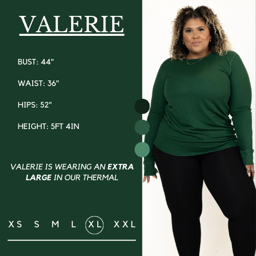 Model's measurements are shown here, Her bust is 44 inches, waist is 36 inches, hips are 52 inches, and height is 5 feet and 4 inches. She wears an extra large in the thermal