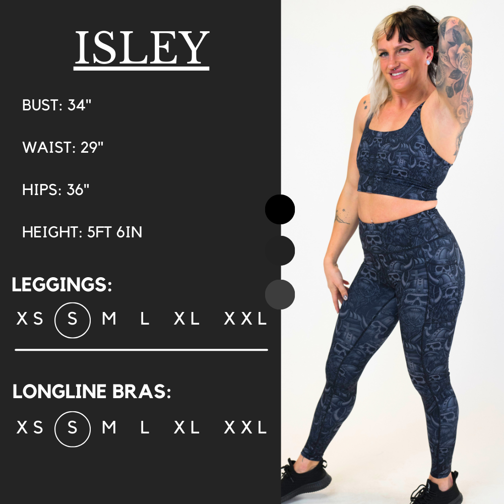 Model’s measurements of 34” bust, 29” waist, 36” hips and height of 5 ft 6 inches. She is wearing a size small in our leggings