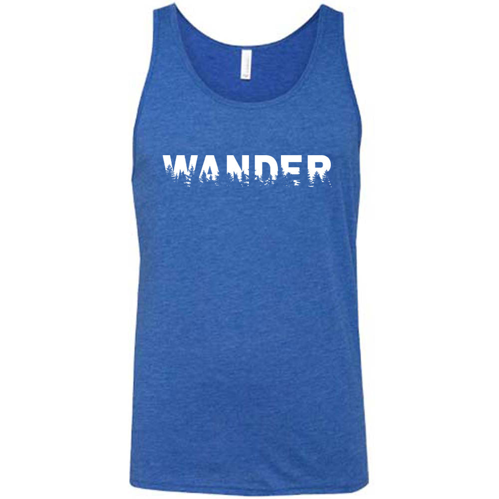 Blue colored tank with a graphic on it that says "Wander"