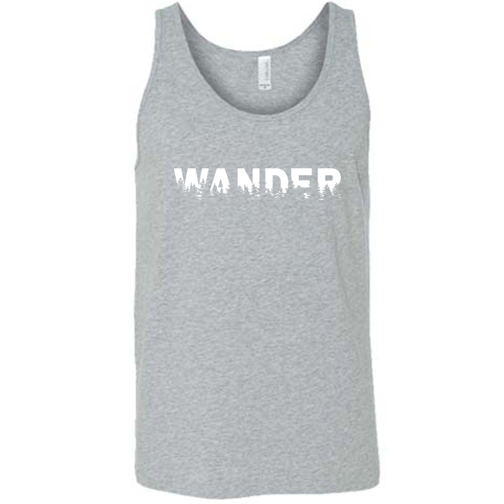 Grey colored tank with a graphic on it that says "Wander"