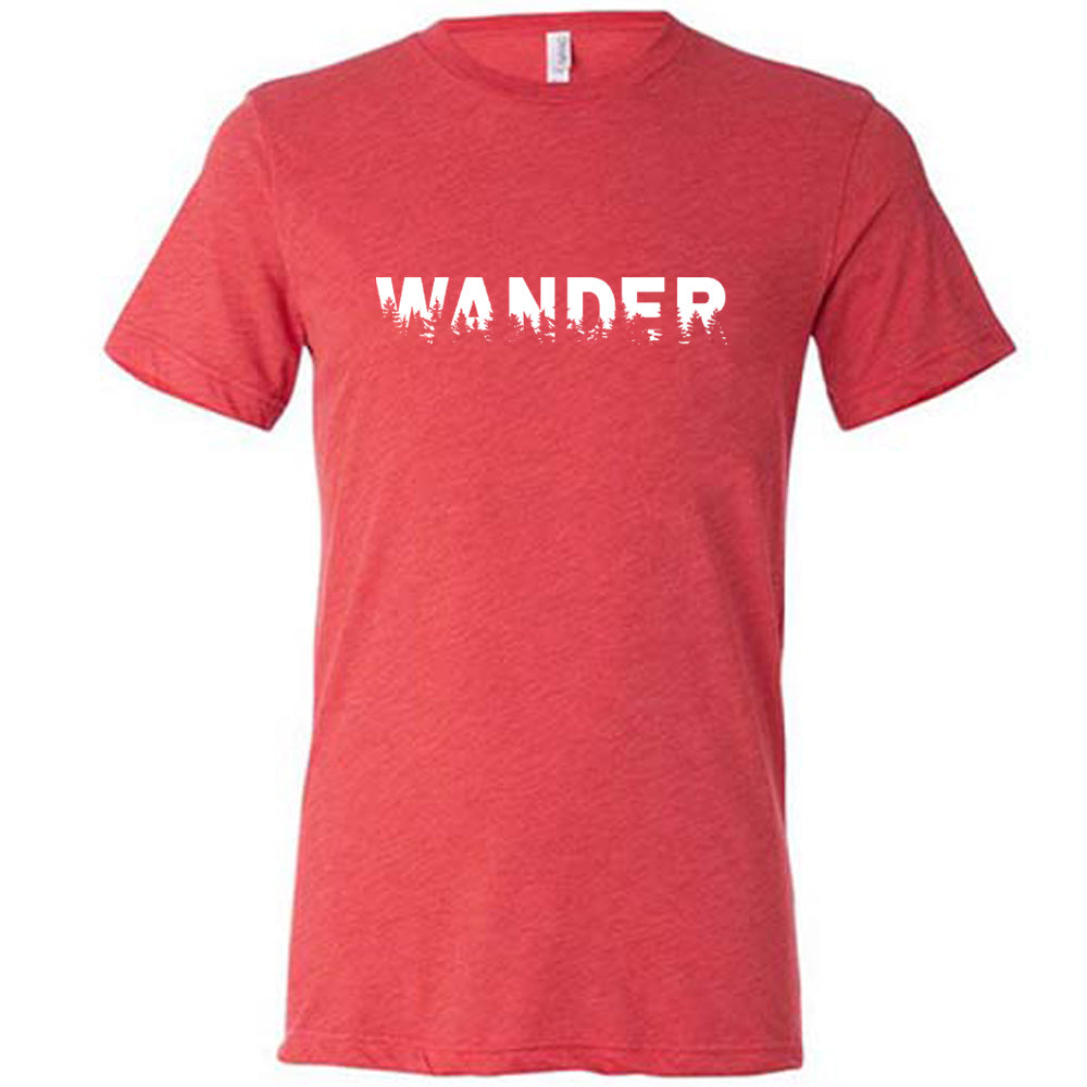 Red colored shirt with a graphic on it that says "Wander"
