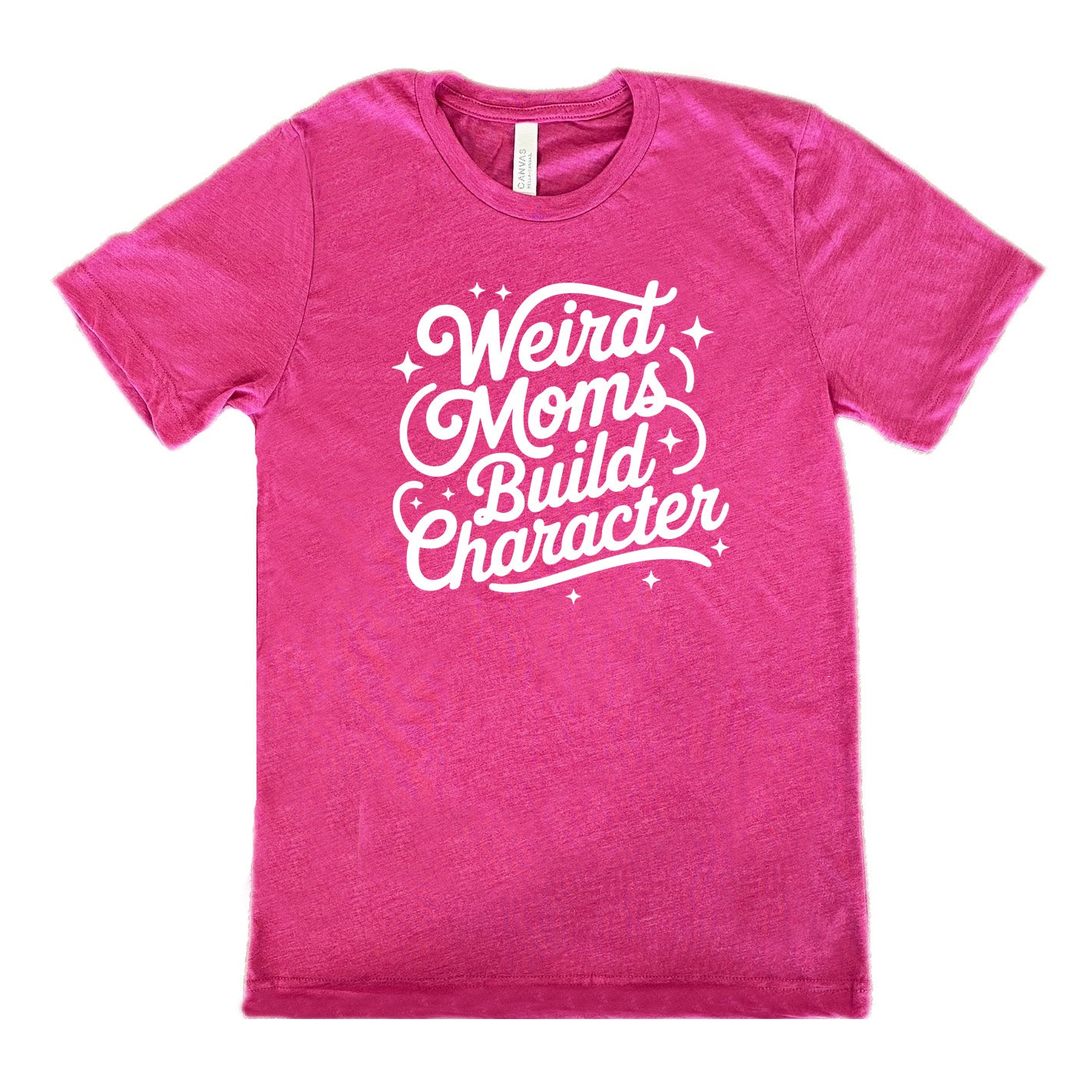 berry unisex tee with the words "weird moms build character" on it, with stars scattered around