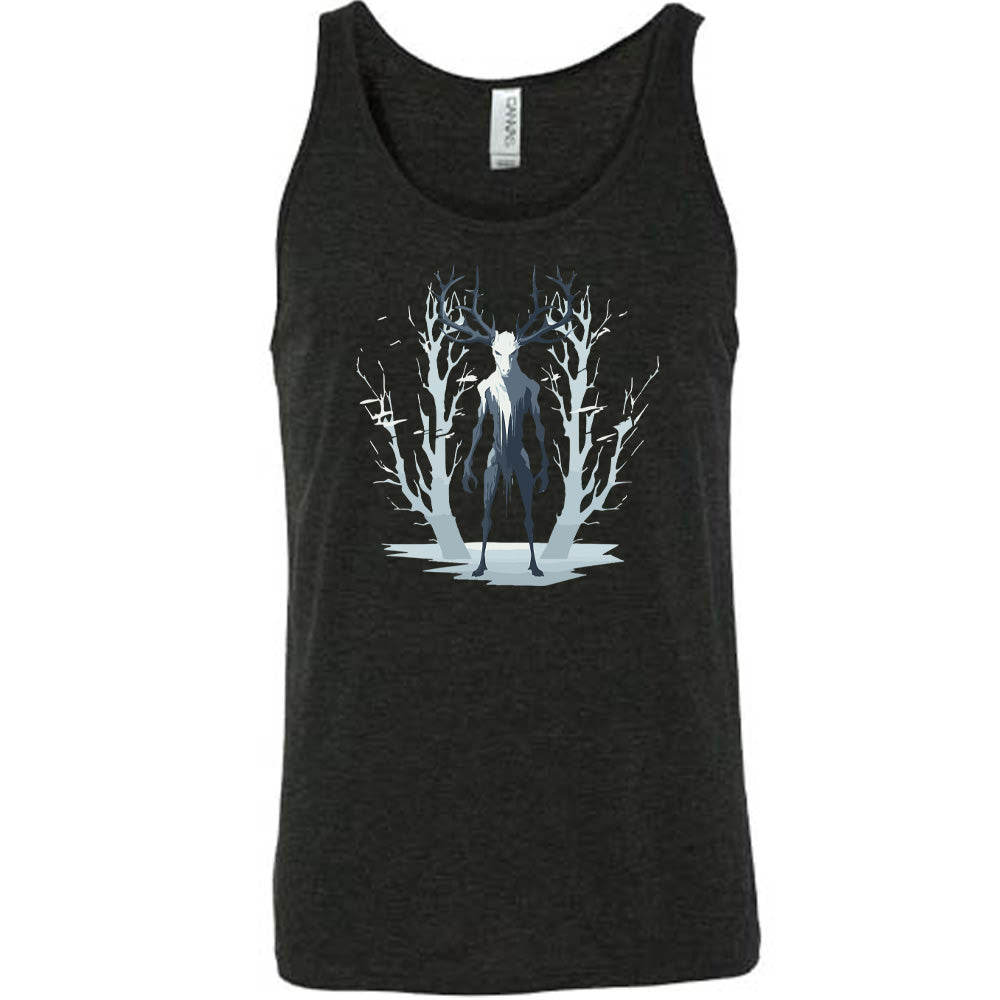 Black colored tank with wendigo in the woods graphic on it