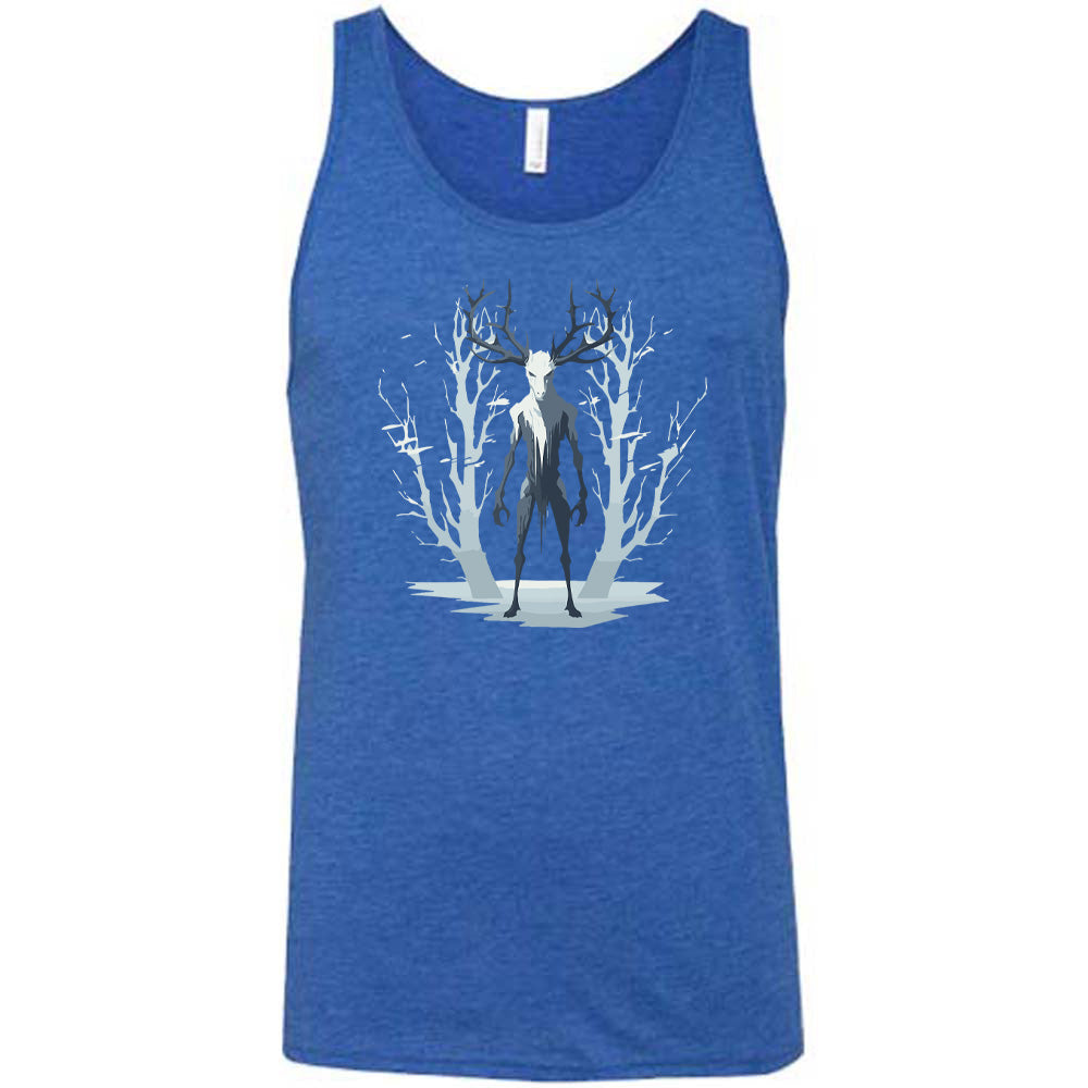 Blue colored tank with wendigo in the woods graphic on it