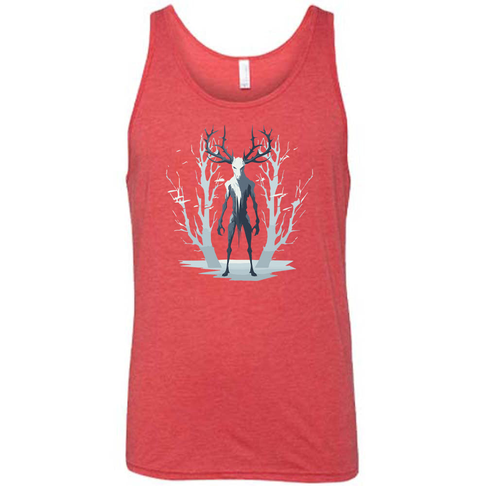 Red colored tank with wendigo in the woods graphic on it