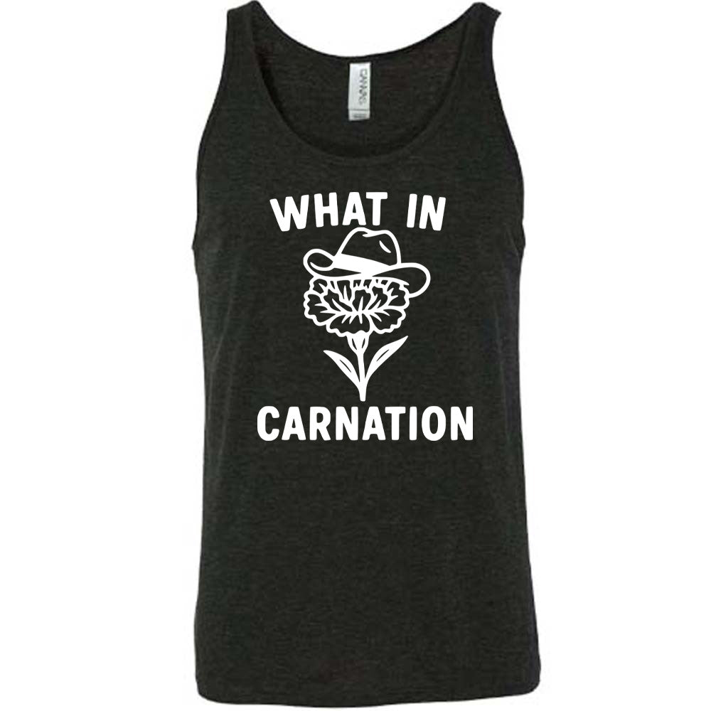 black unisex tank with the words "What in carnation" on it, around the graphic of a carnation, wearing a cowboy hat