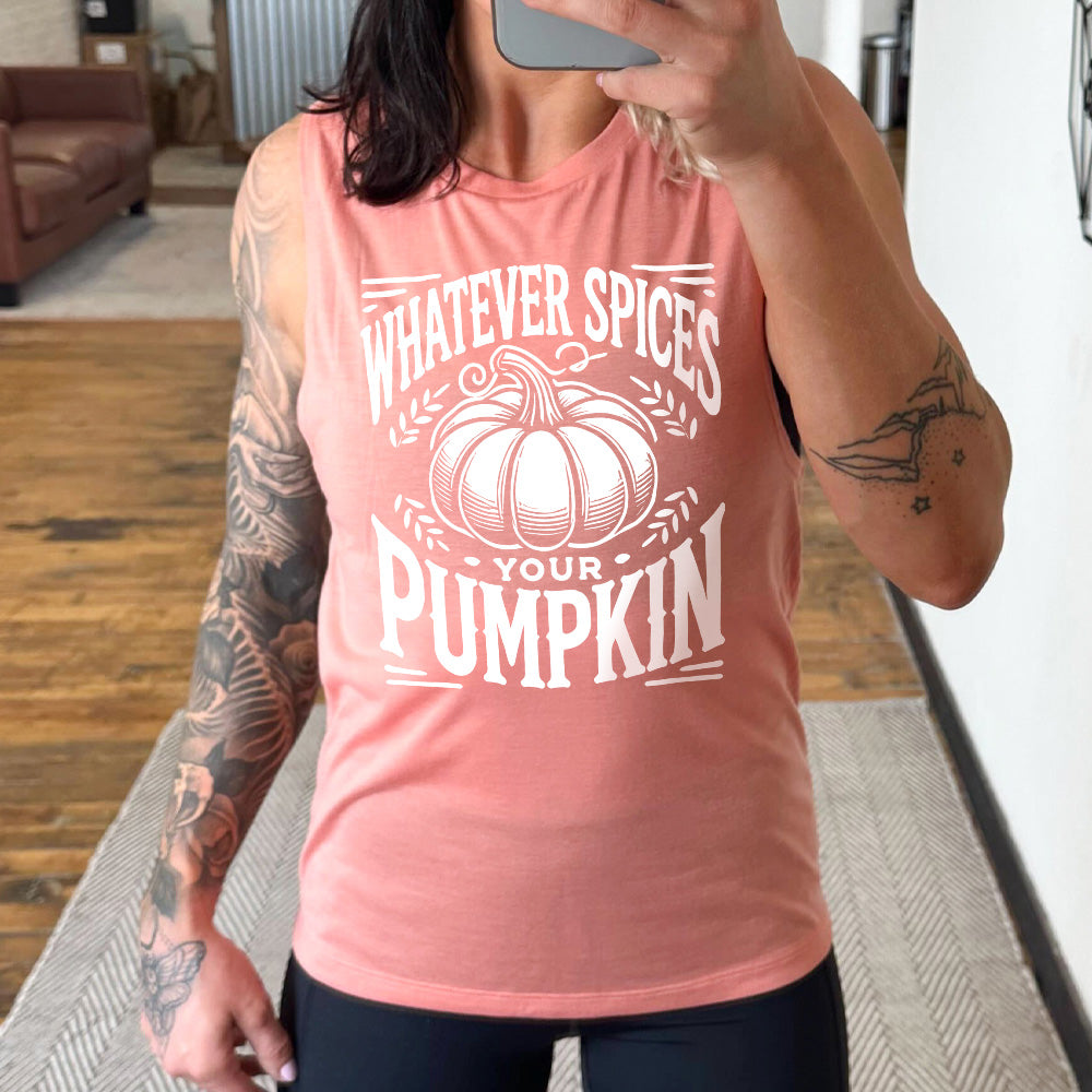 peach muscle tank with pumpkin graphic on it that says "Whatever Spices Your Pumpkin"