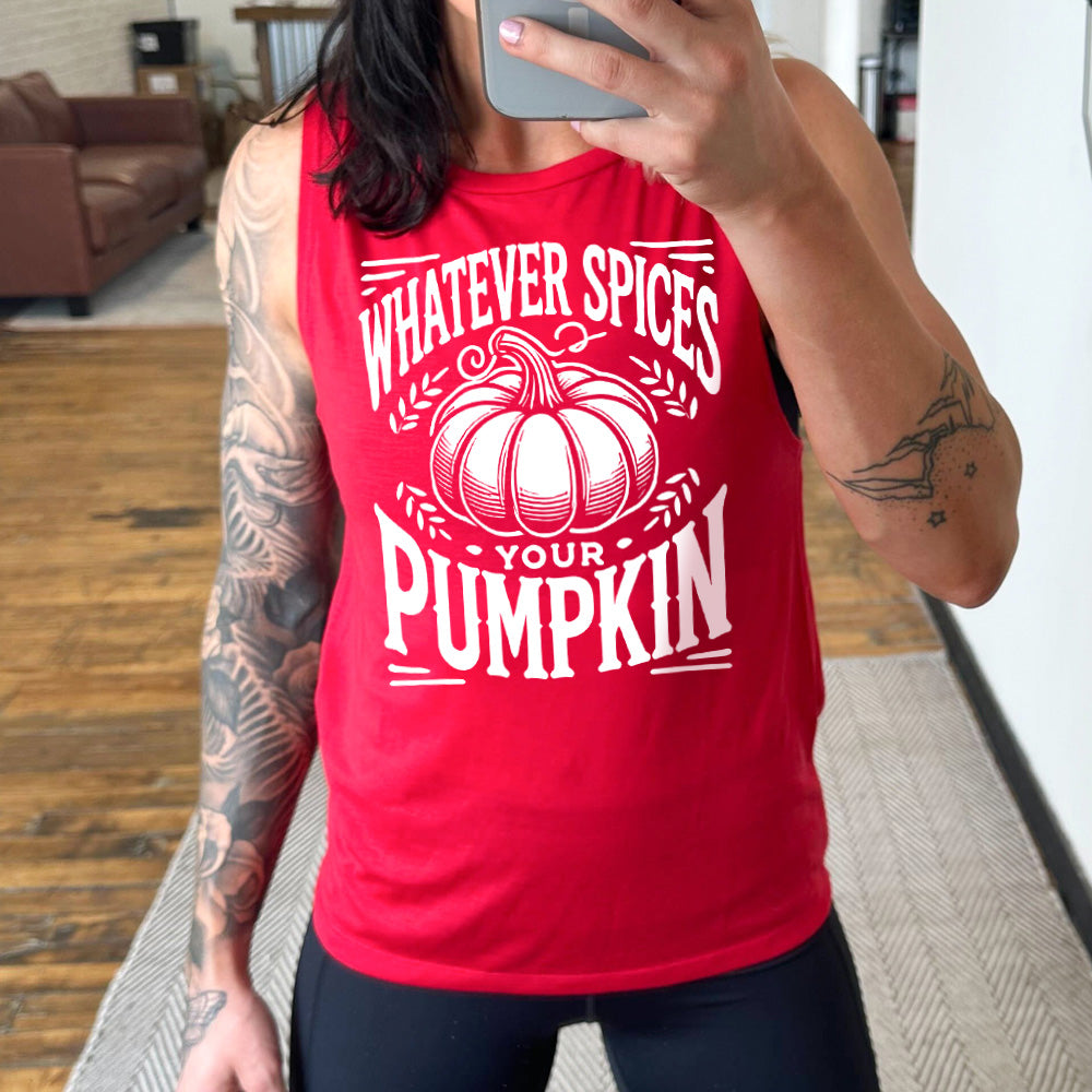 Model wearing red colored muscle tank with pumpkin graphic on it that says "Whatever Spices Your Pumpkin"