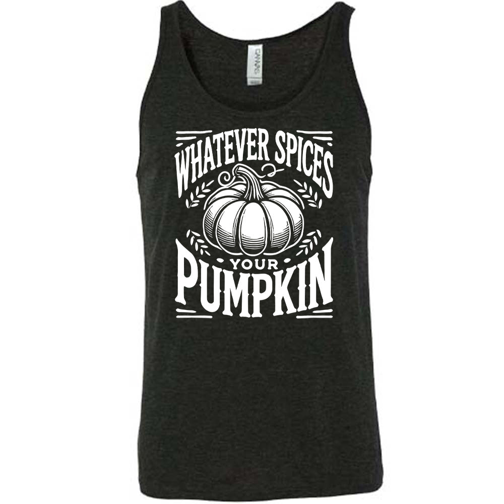 Black colored tank with pumpkin graphic on it that says "Whatever Spices Your Pumpkin"
