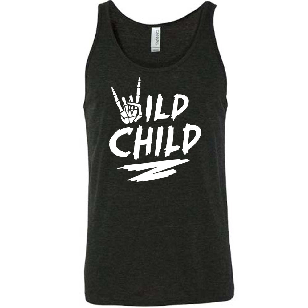 Black colored tank with a skeleton hand signing rock on graphic on it that says "Wild Child"