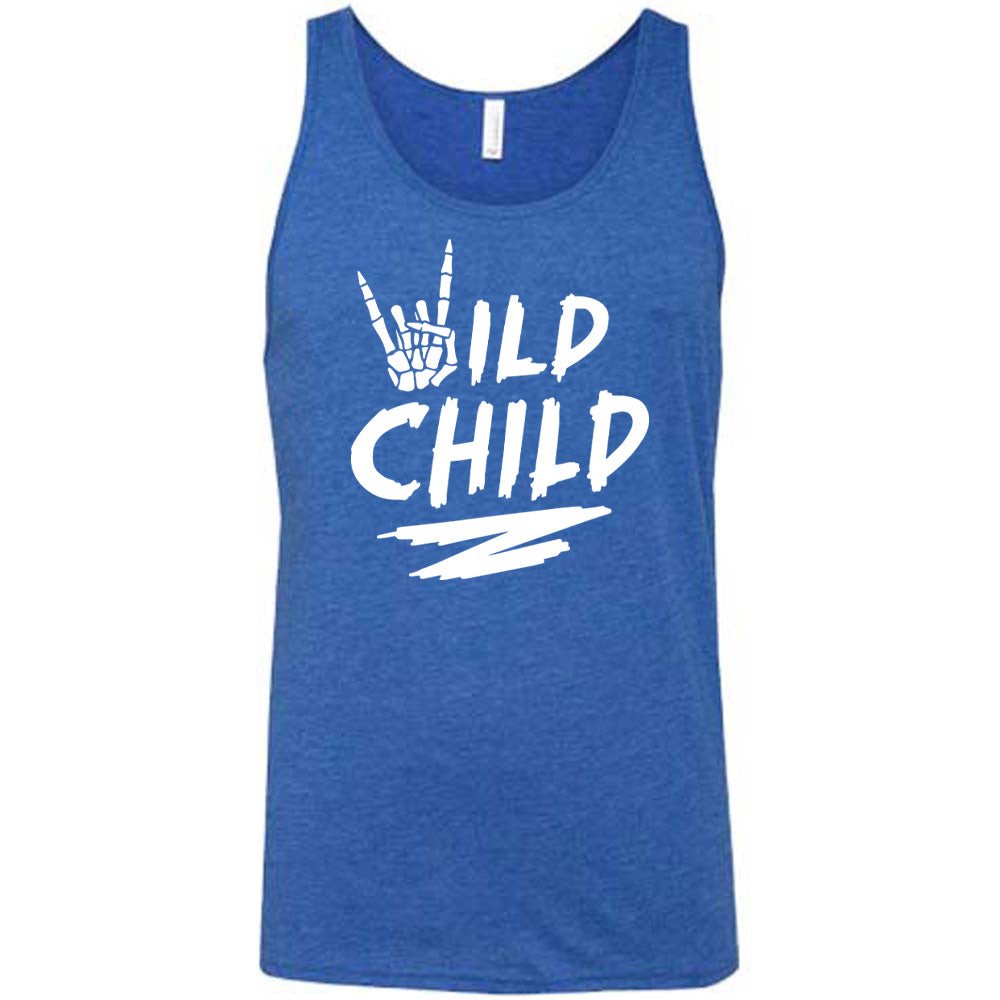 Blue colored tank with a skeleton hand signing rock on graphic on it that says "Wild Child"