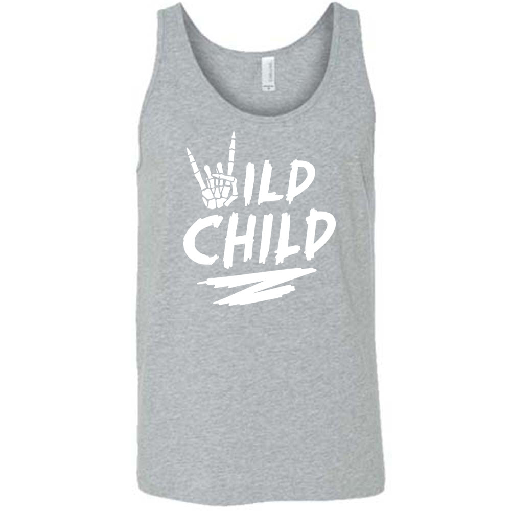Grey colored tank with a skeleton hand signing rock on graphic on it that says "Wild Child"