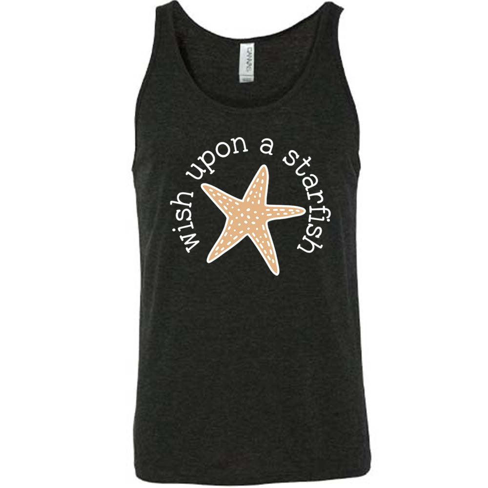 black unisex tank with the graphic of a starfish, and the words arched around it saying "wish upon a starfish"
