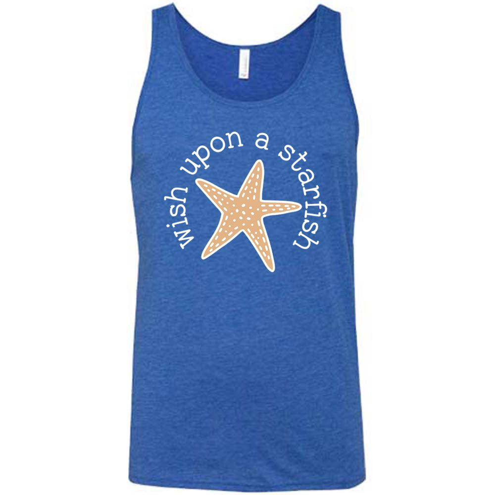 blue unisex tank with the graphic of a starfish, and the words arched around it saying "wish upon a starfish"