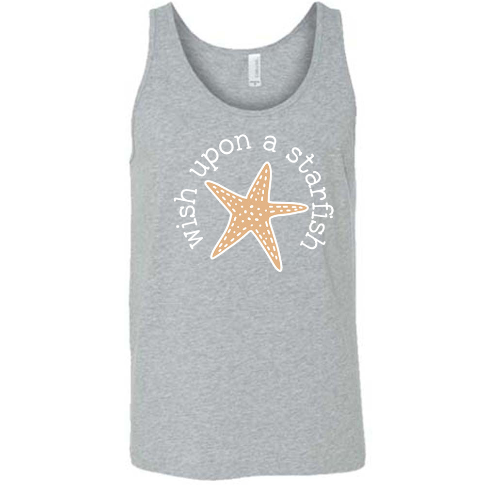 grey unisex tank with the graphic of a starfish, and the words arched around it saying "wish upon a starfish"