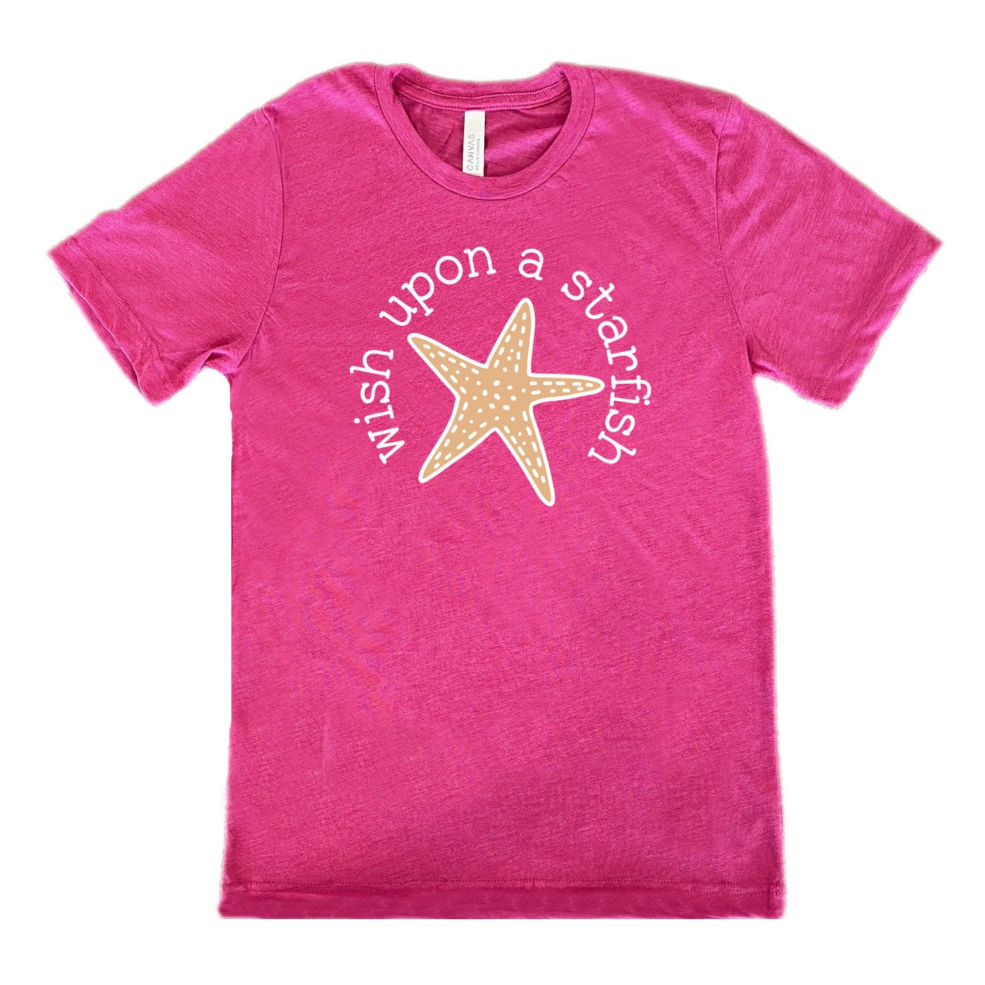 berry unisex tee with the graphic of a starfish, and the words arched around it saying "wish upon a starfish"