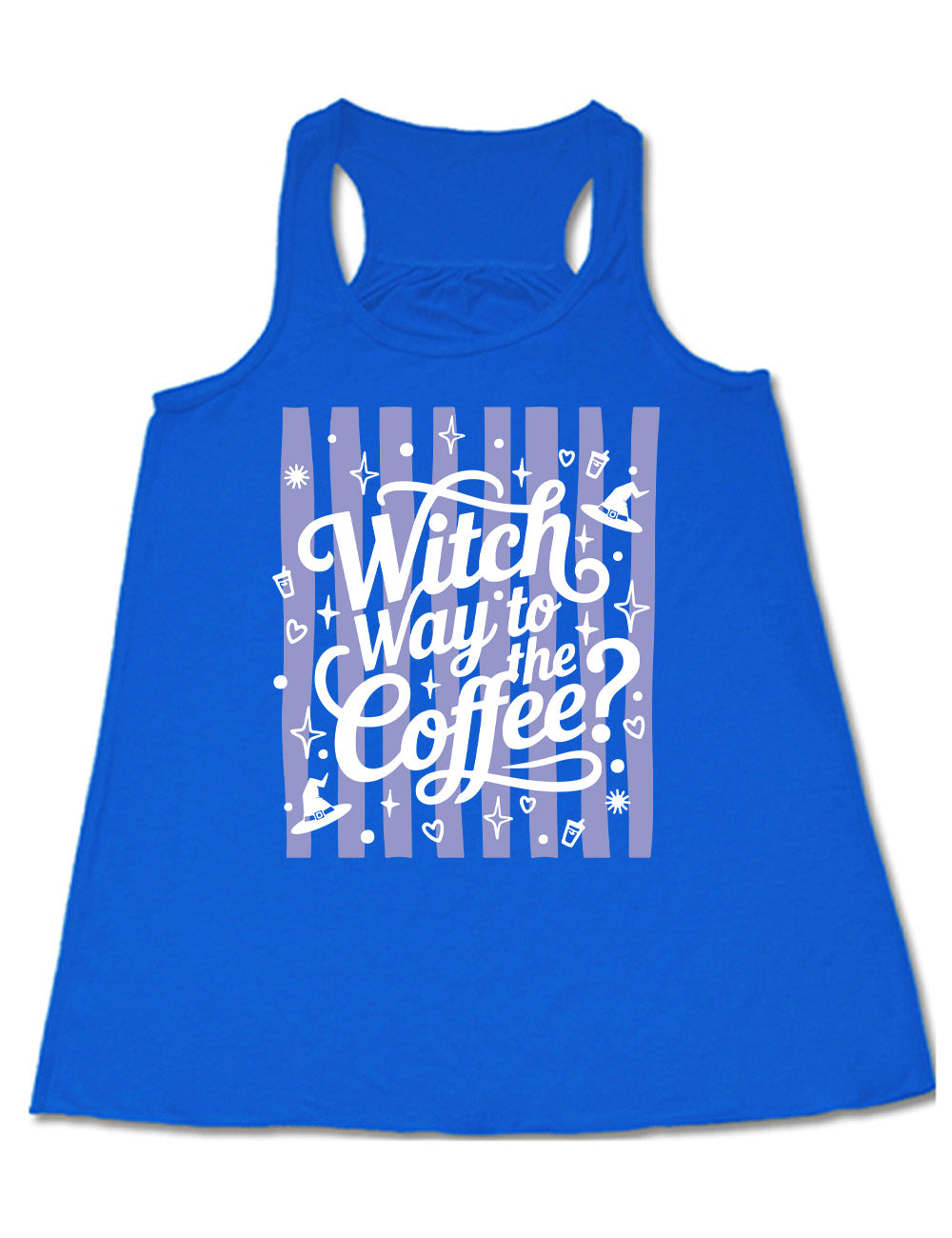 blue flowy racerback tank with the words "witch way to the coffee?" on it, over a striped background, surrounded by little graphics including stars, hearts, witch hats, coffee cups, dots, and suns