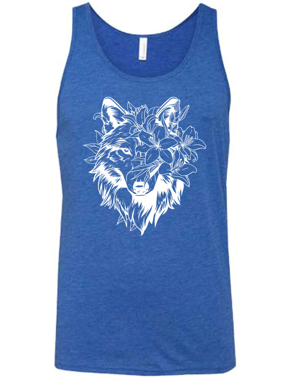 blue unisex tank with the large graphic of a wolf's head, with lilies covering half of the face, and growing behind its head too