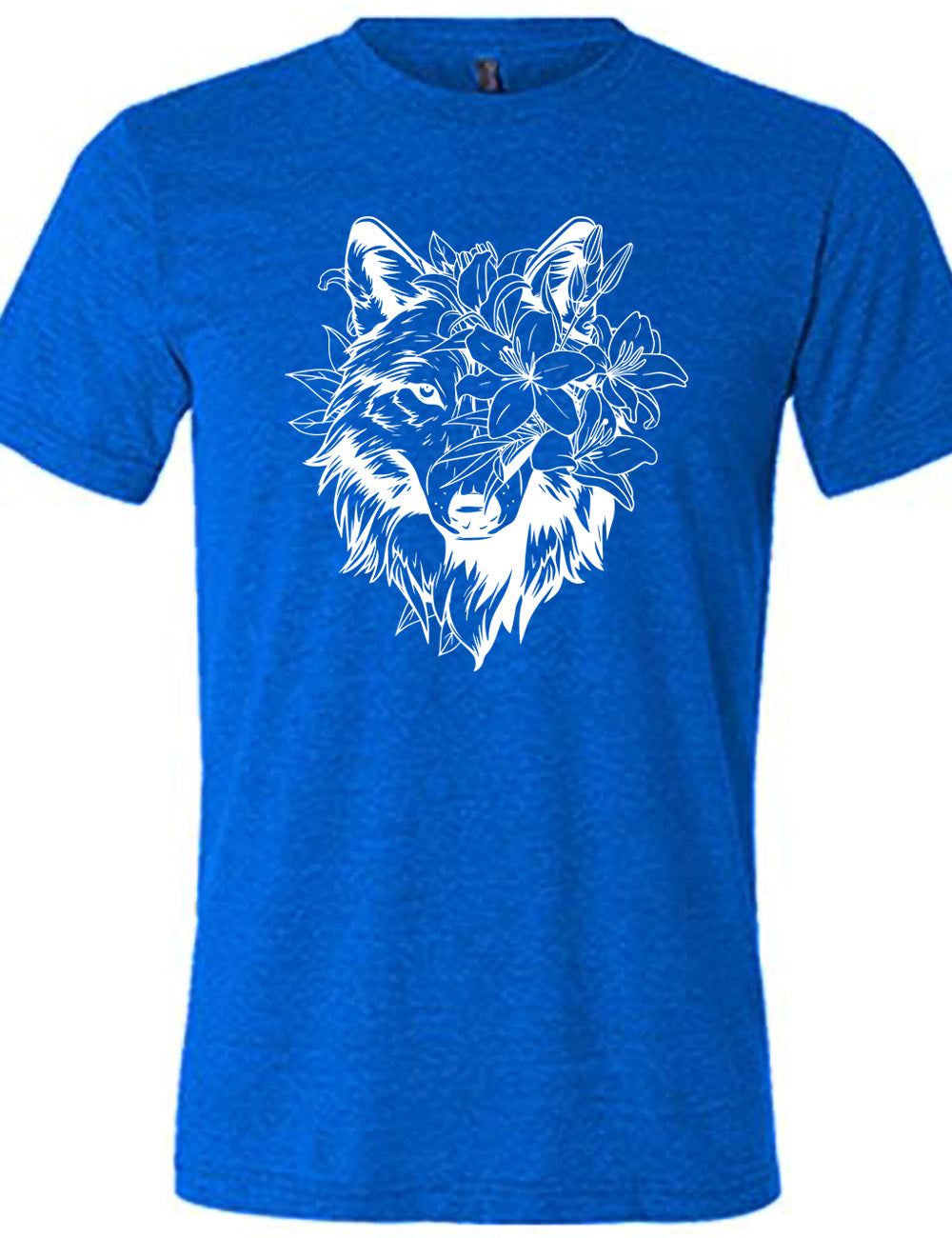 blue unisex tee with the large graphic of a wolf's head, with lilies covering half of the face, and growing behind its head too