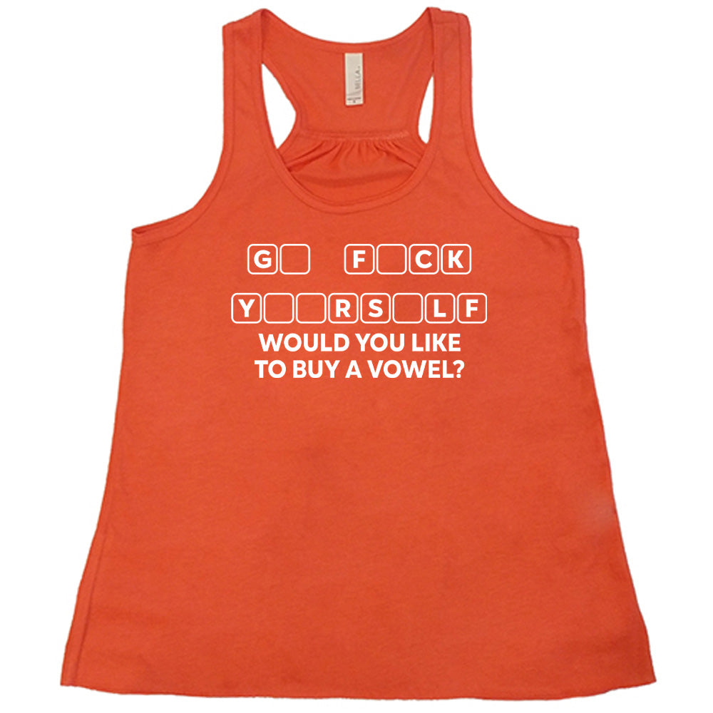 Coral colored flowy tank with an incomplete word puzzle graphic on it that says "Would You Like to Buy a Vowel?"