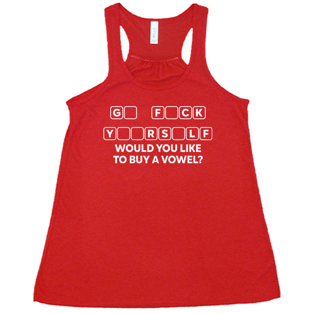 Red colored flowy tank with an incomplete word puzzle graphic on it that says "Would You Like to Buy a Vowel?"