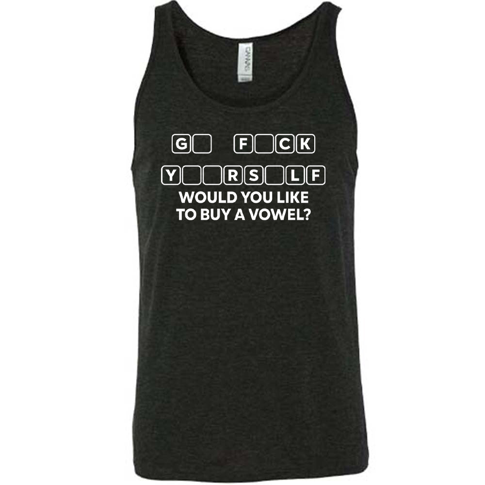 Black colored tank with an incomplete word puzzle graphic on it that says "Would You Like to Buy a Vowel?"