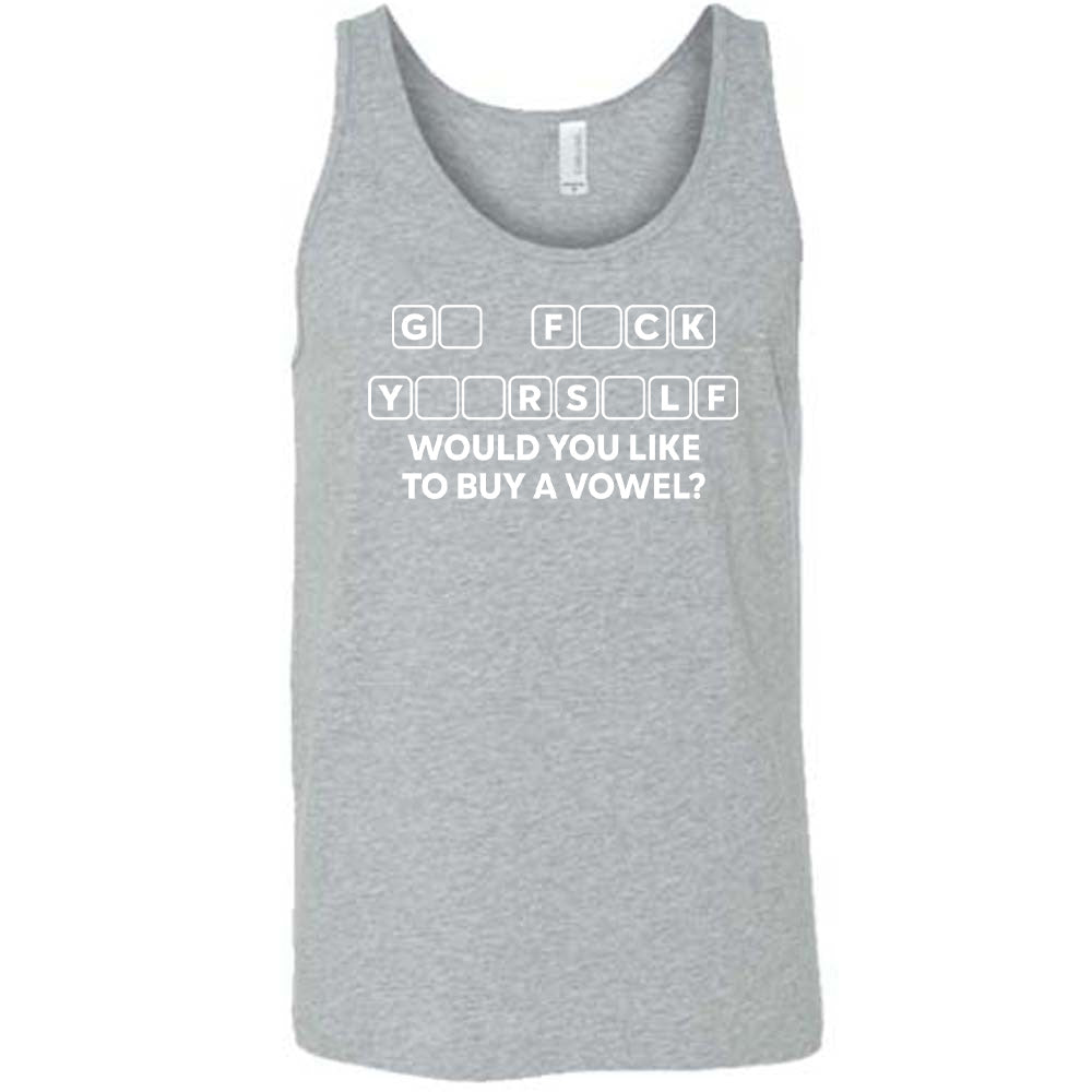 Grey colored tank with an incomplete word puzzle graphic on it that says "Would You Like to Buy a Vowel?"