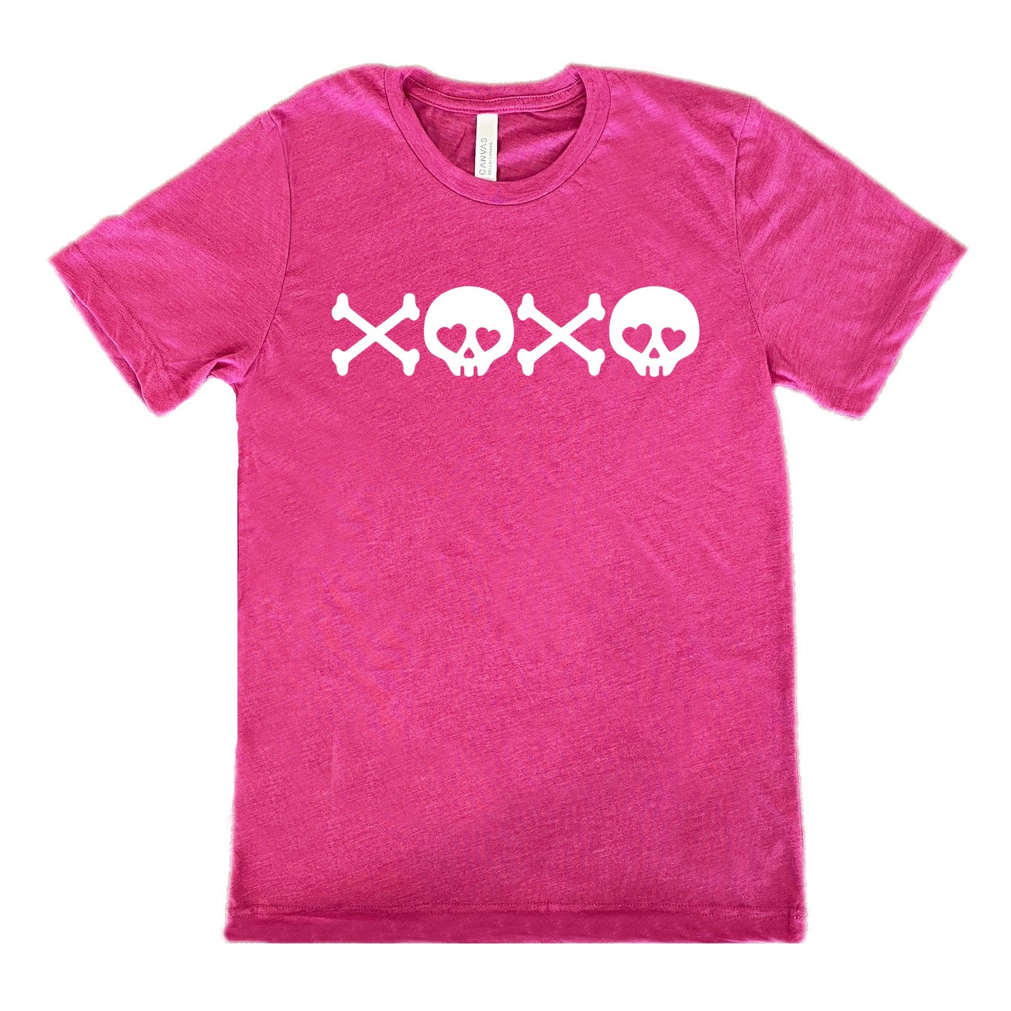 berry unisex tee with the graphic of cross-bones and skulls (with hearts for eyes) forming the phrase "XOXO"