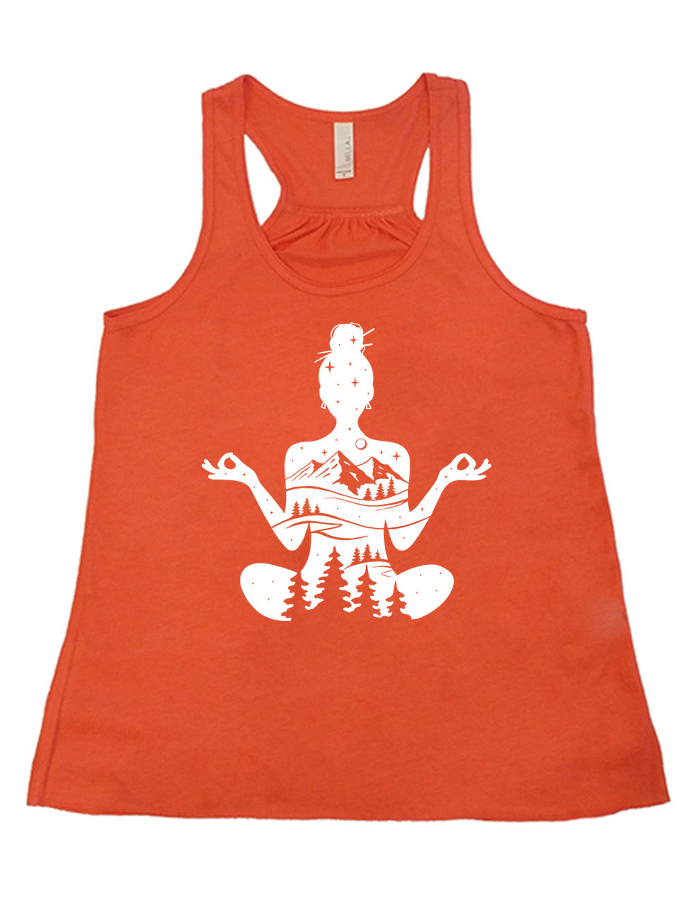 coral flowy racerback tank with the graphic of a woman's silhouette, doing a yoga pose, with her body made up of a forest, field, mountain and starry landscape