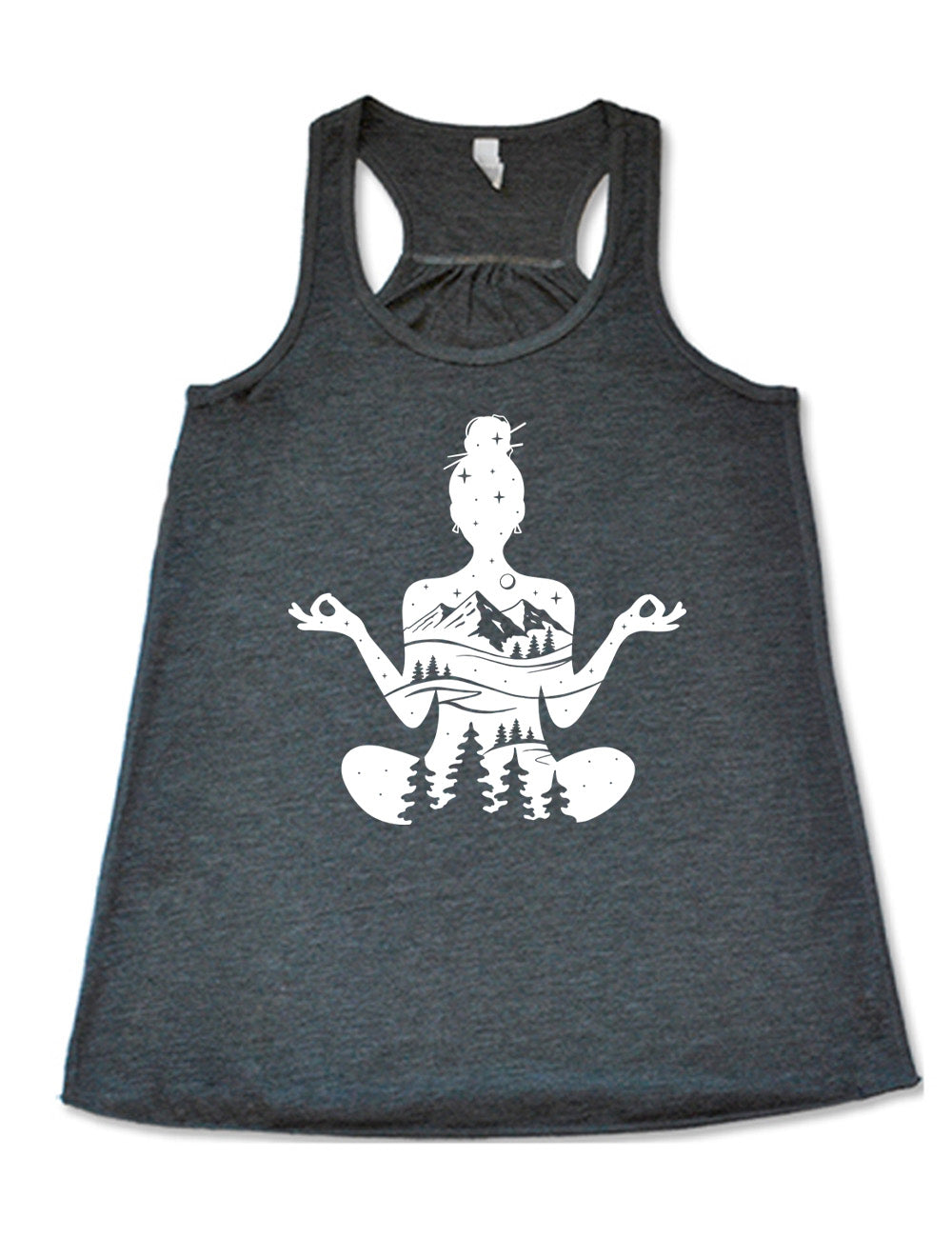 grey flowy racerback tank with the graphic of a woman's silhouette, doing a yoga pose, with her body made up of a forest, field, mountain and starry landscape