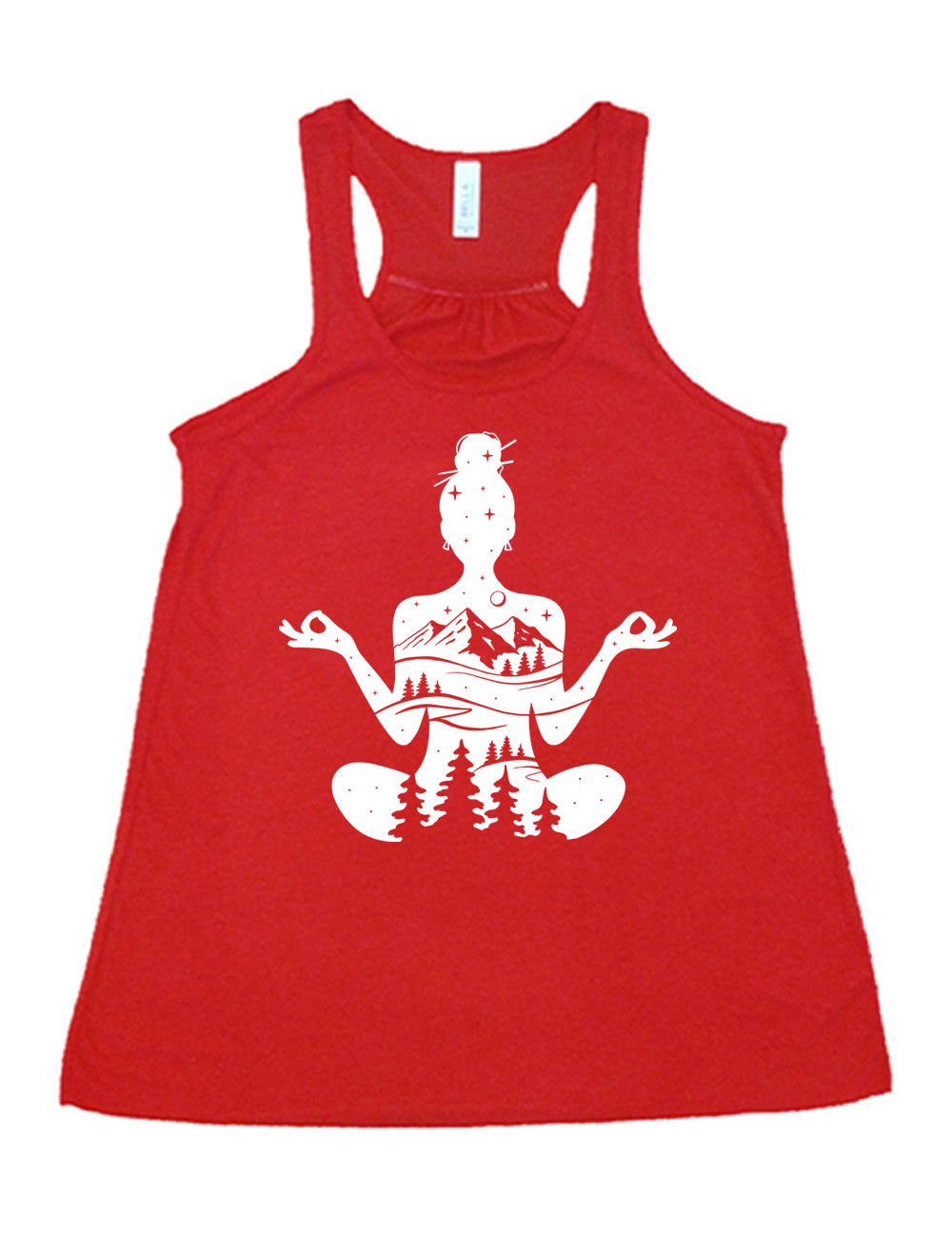 red flowy racerback tank with the graphic of a woman's silhouette, doing a yoga pose, with her body made up of a forest, field, mountain and starry landscape