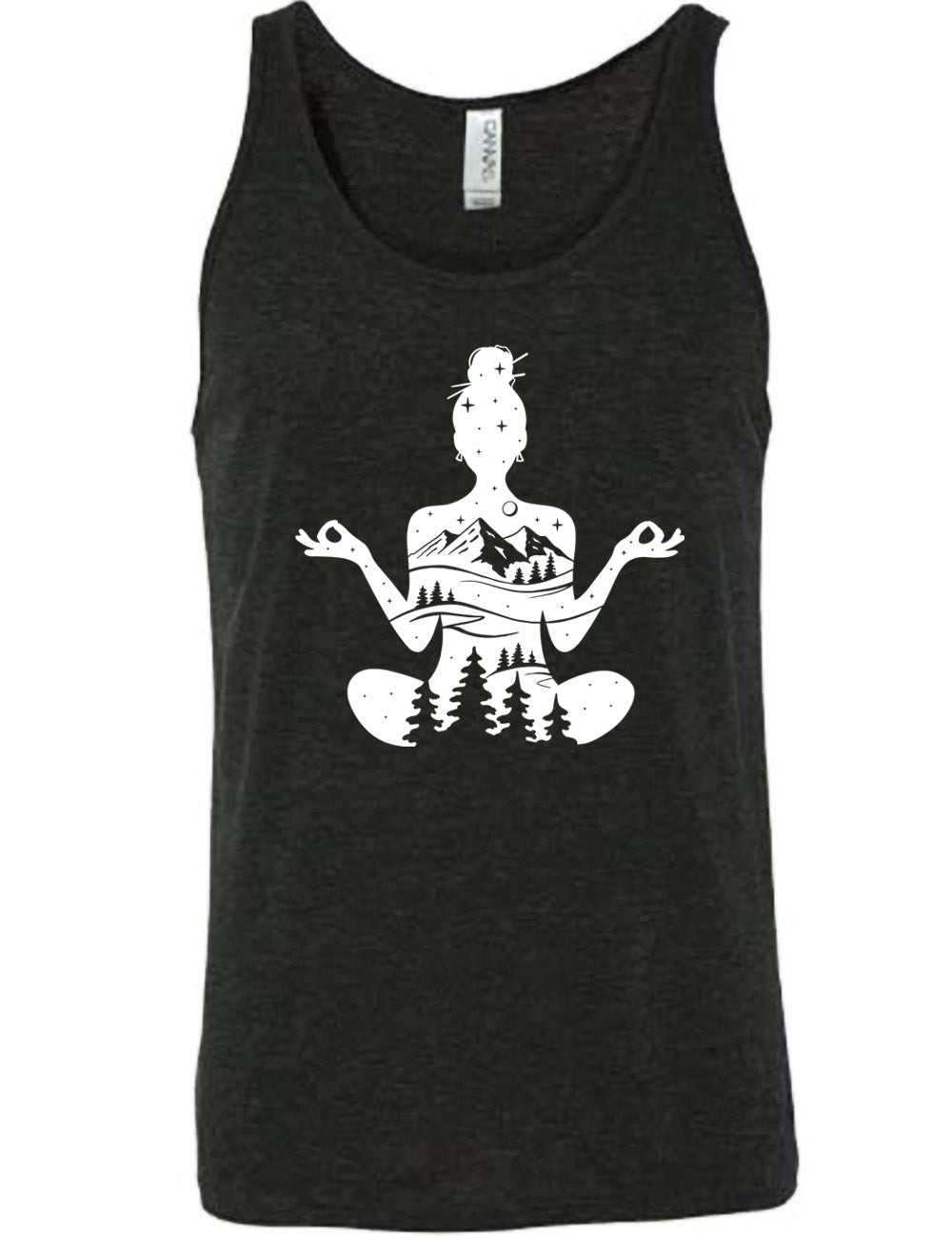 black unisex tank with the graphic of a woman's silhouette, doing a yoga pose, with her body made up of a forest, field, mountain and starry landscape