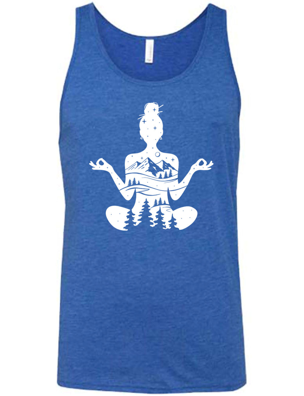 blue unisex tank with the graphic of a woman's silhouette, doing a yoga pose, with her body made up of a forest, field, mountain and starry landscape