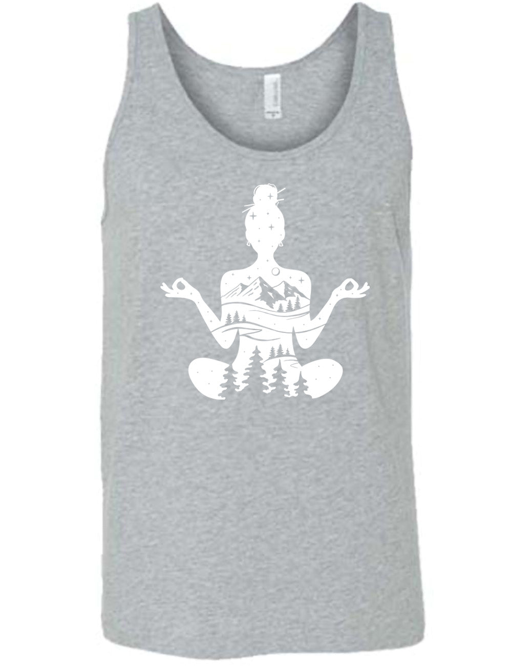 grey unisex tank with the graphic of a woman's silhouette, doing a yoga pose, with her body made up of a forest, field, mountain and starry landscape