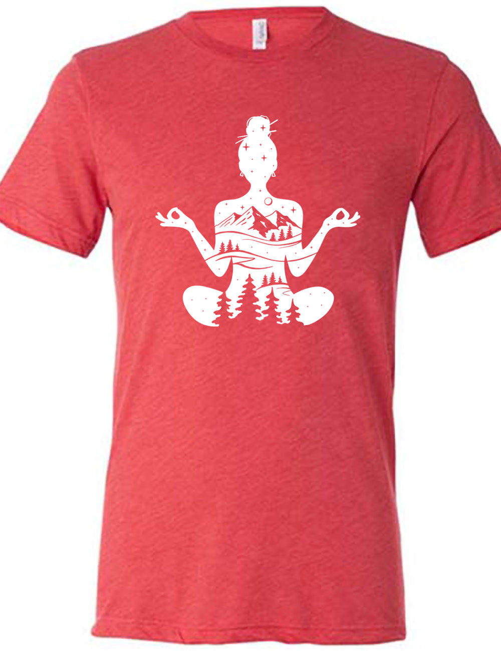red unisex tee with the graphic of a woman's silhouette, doing a yoga pose, with her body made up of a forest, field, mountain and starry landscape