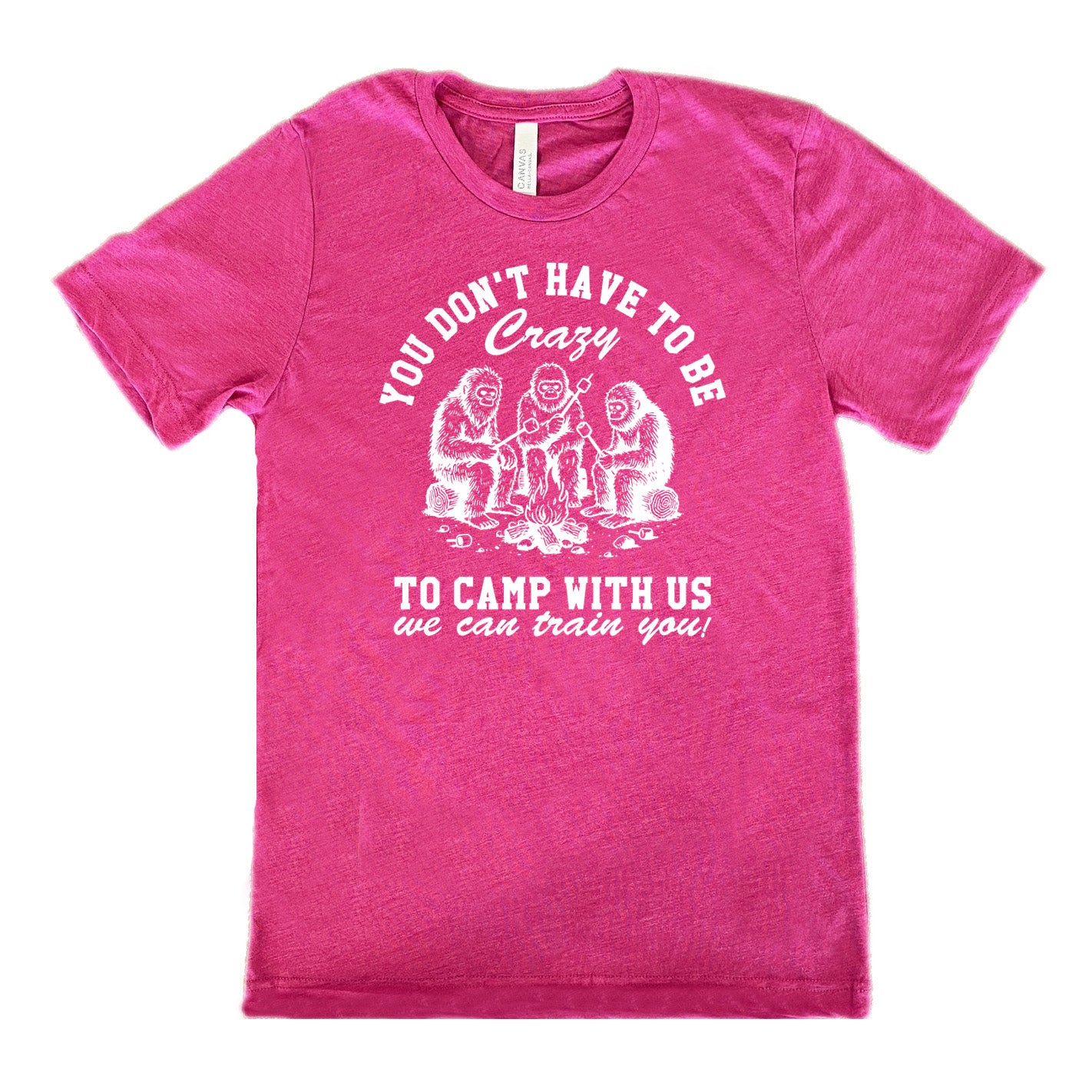 berry unisex tee with the words "you don't have to be crazy to camp with us we can train you!" on it with the graphic of three sasquatches toasting marshmallows over a campfire